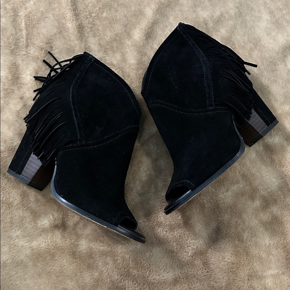 Gianni Bini Black Suede Fringe Open-Toe Booties - Picture 1 of 9